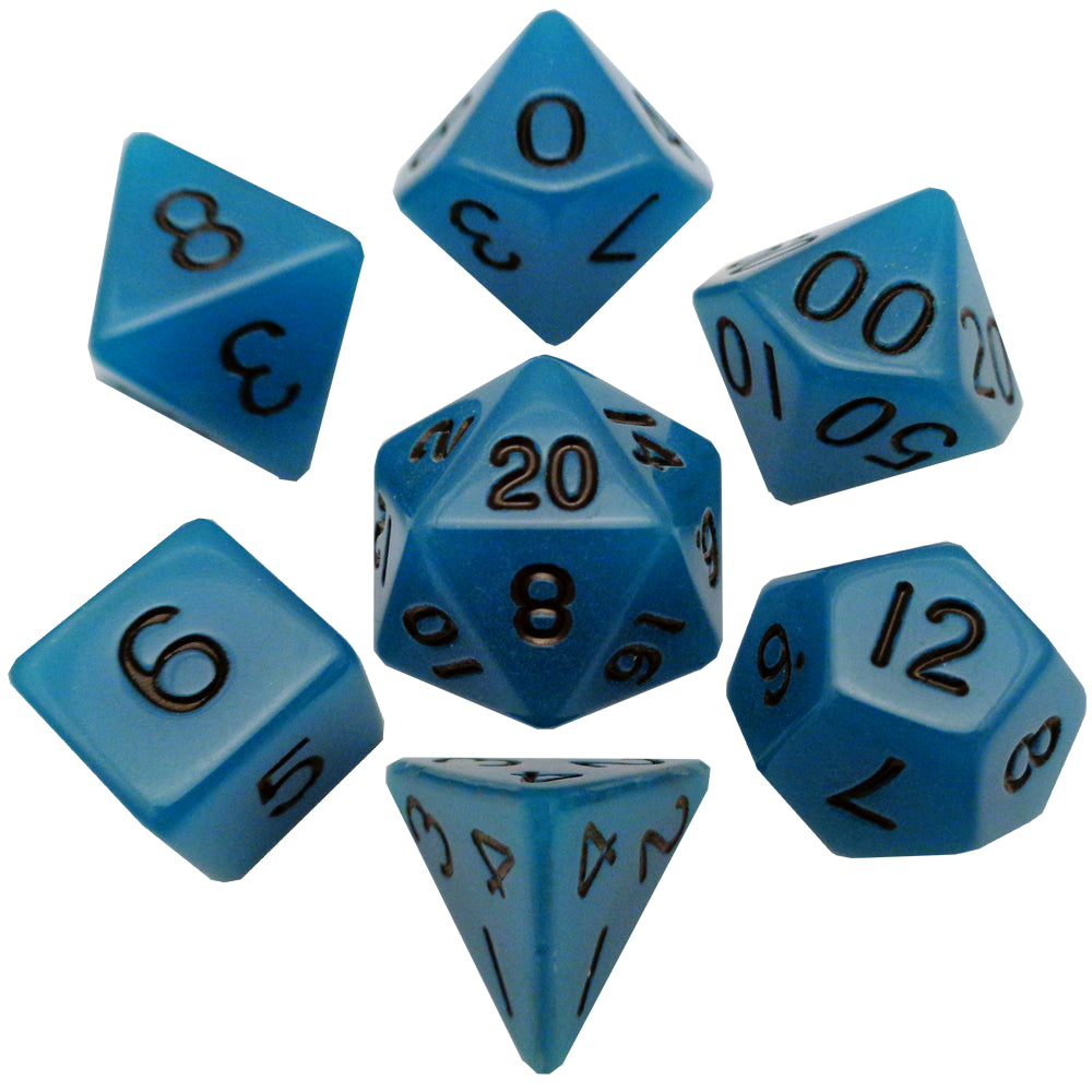Metallic Dice Games: 16mm 7-Die Set: Glow In The Dark: Light Blue/Black