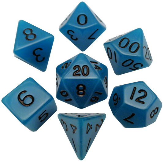Metallic Dice Games: 16mm 7-Die Set: Glow In The Dark: Light Blue/Black