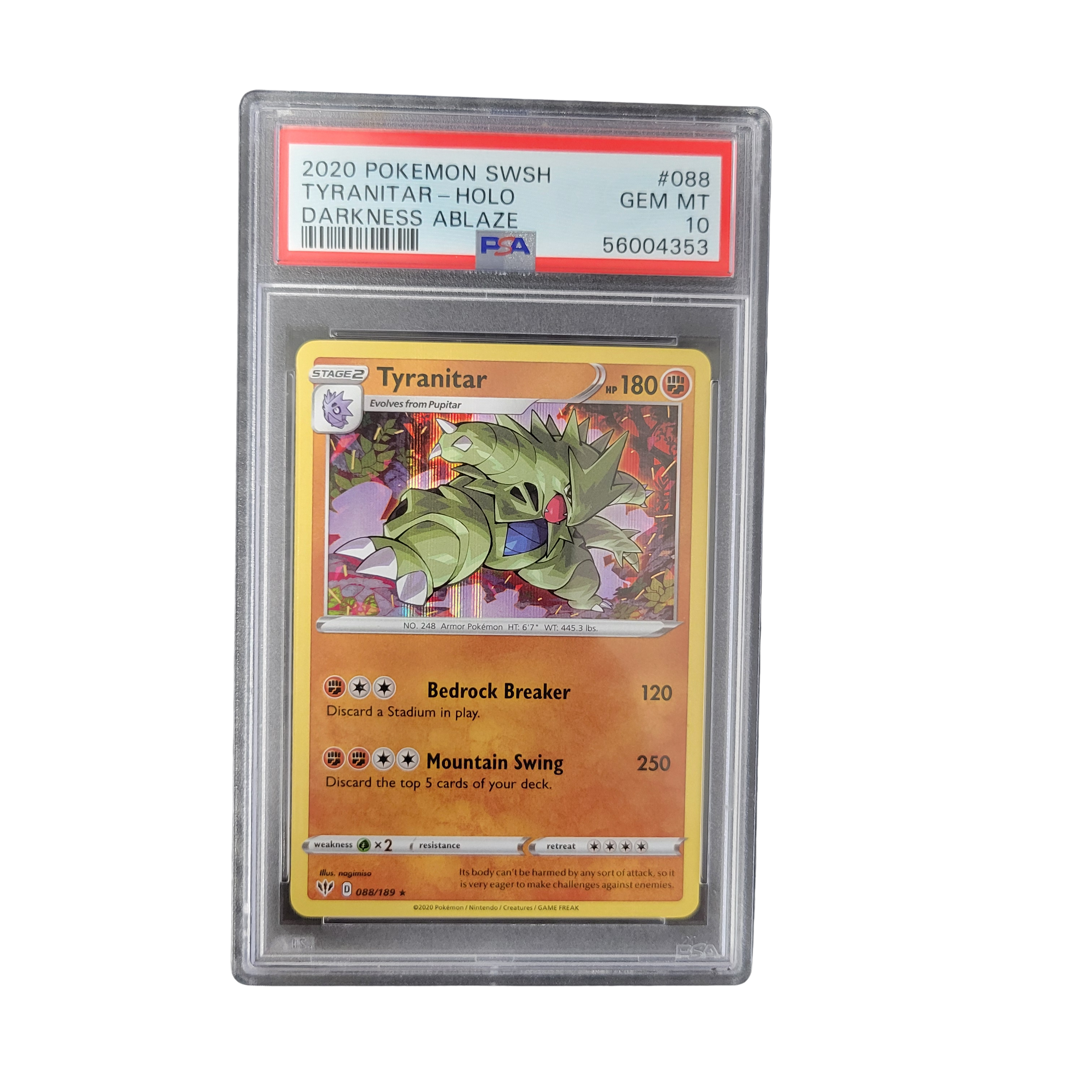2020 Pokémon SWSH Darkness Ablaze #088 Tyranitar Holo Rare - PSA 10