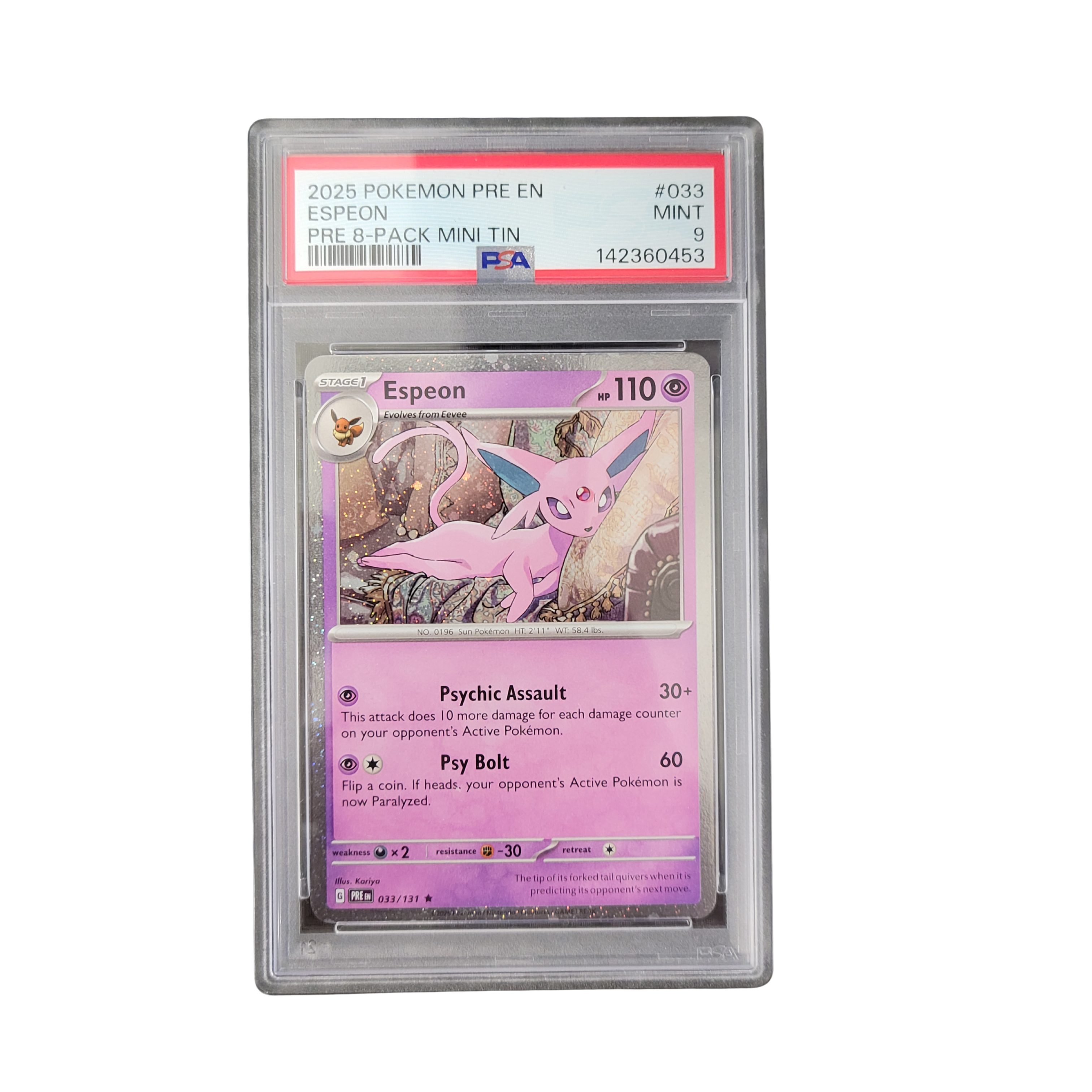 2025 Pokémon PRE EN Mini Tin #33 Espeon (Cosmos Holo) - PSA 9