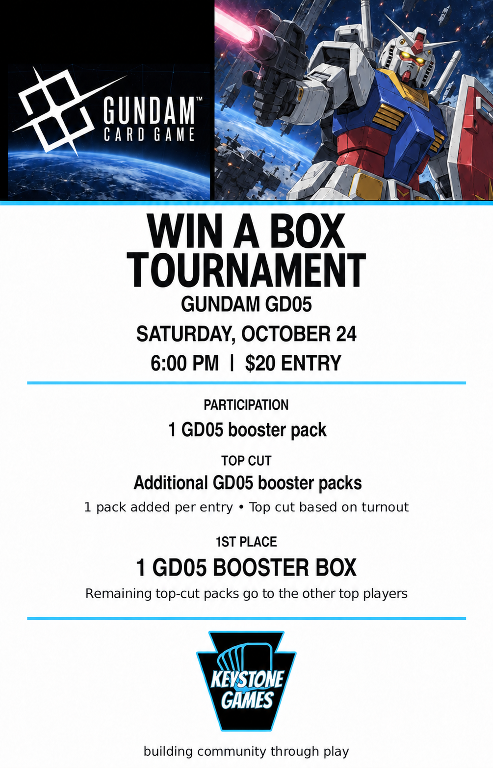 Gundam GD05 Win A Box Tournament — October 24, 6 PM, $20 entry