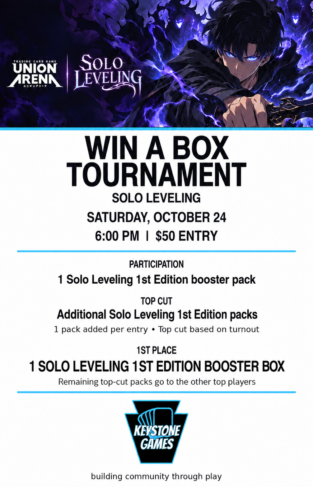 Solo Leveling 1st Edition Win A Box Tournament — October 24, 6 PM, $50 entry